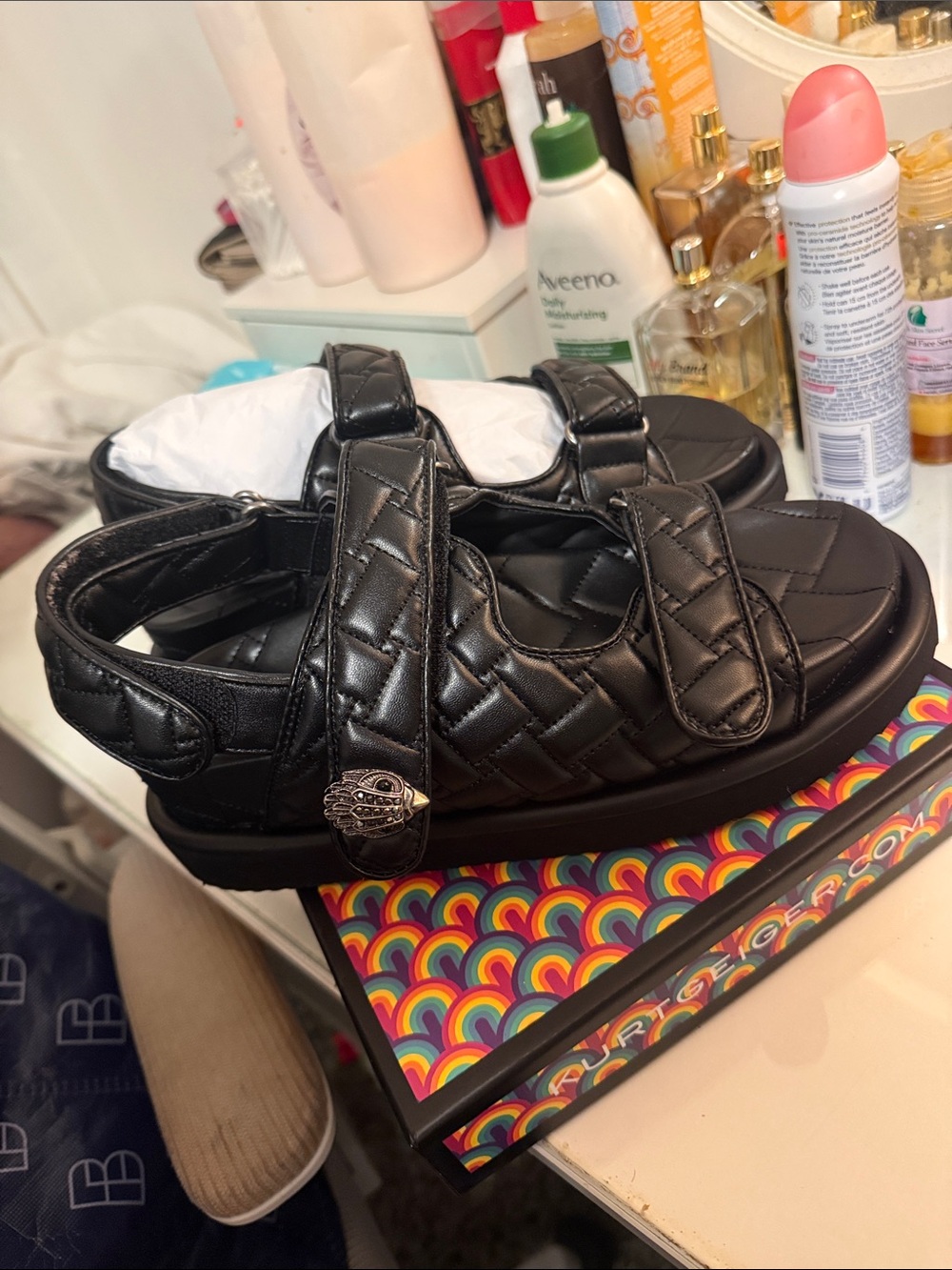 Kurt Geiger women Black Quilted Velcro Strap Sandals